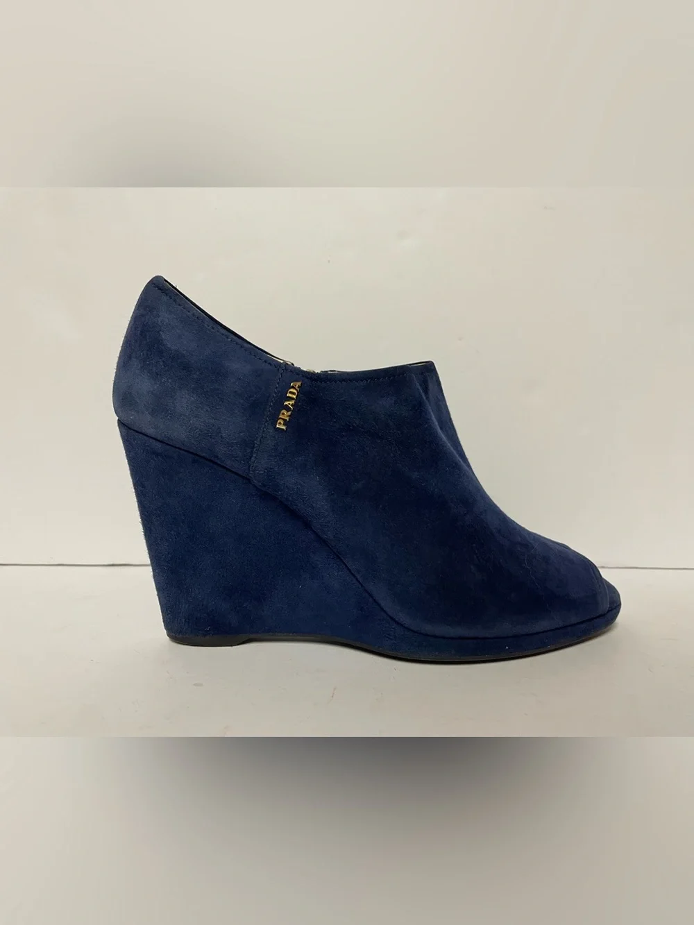 Prada Suede Peep-Toe Wedge Booties pumps blue 38
